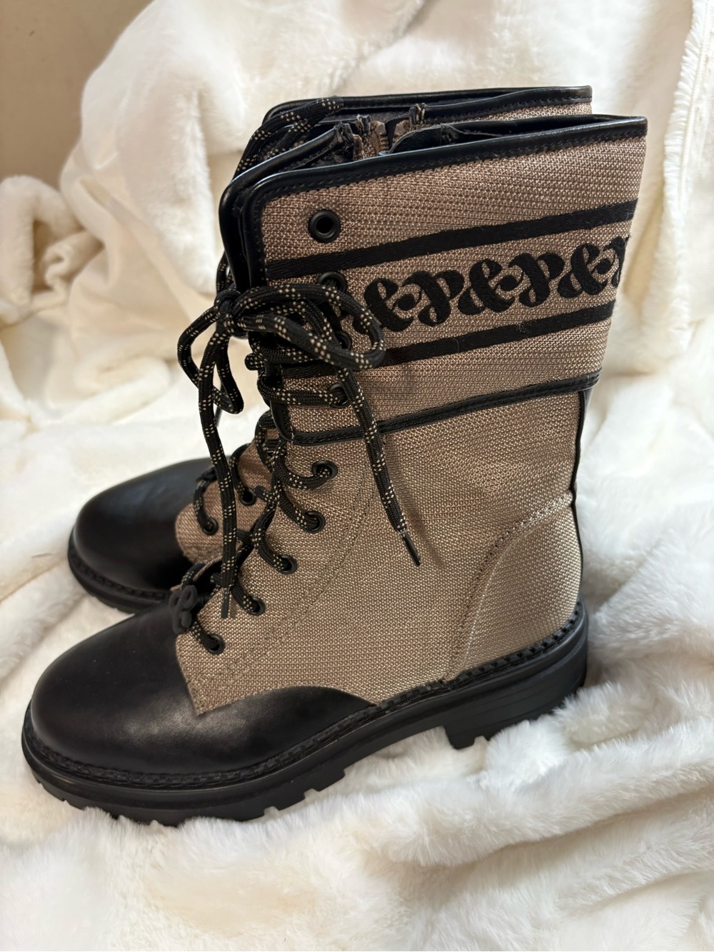 NEW Sam & Libby Beige and Black Lace-Up Combat Boots/All Weather Boots -Rugged